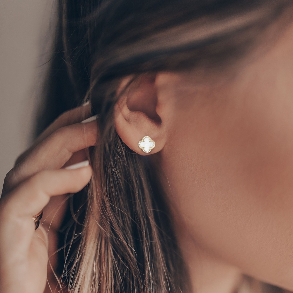Mother of Pearl Four-leaf Charm CZ Halo Stud Earrings | Sterling Silver